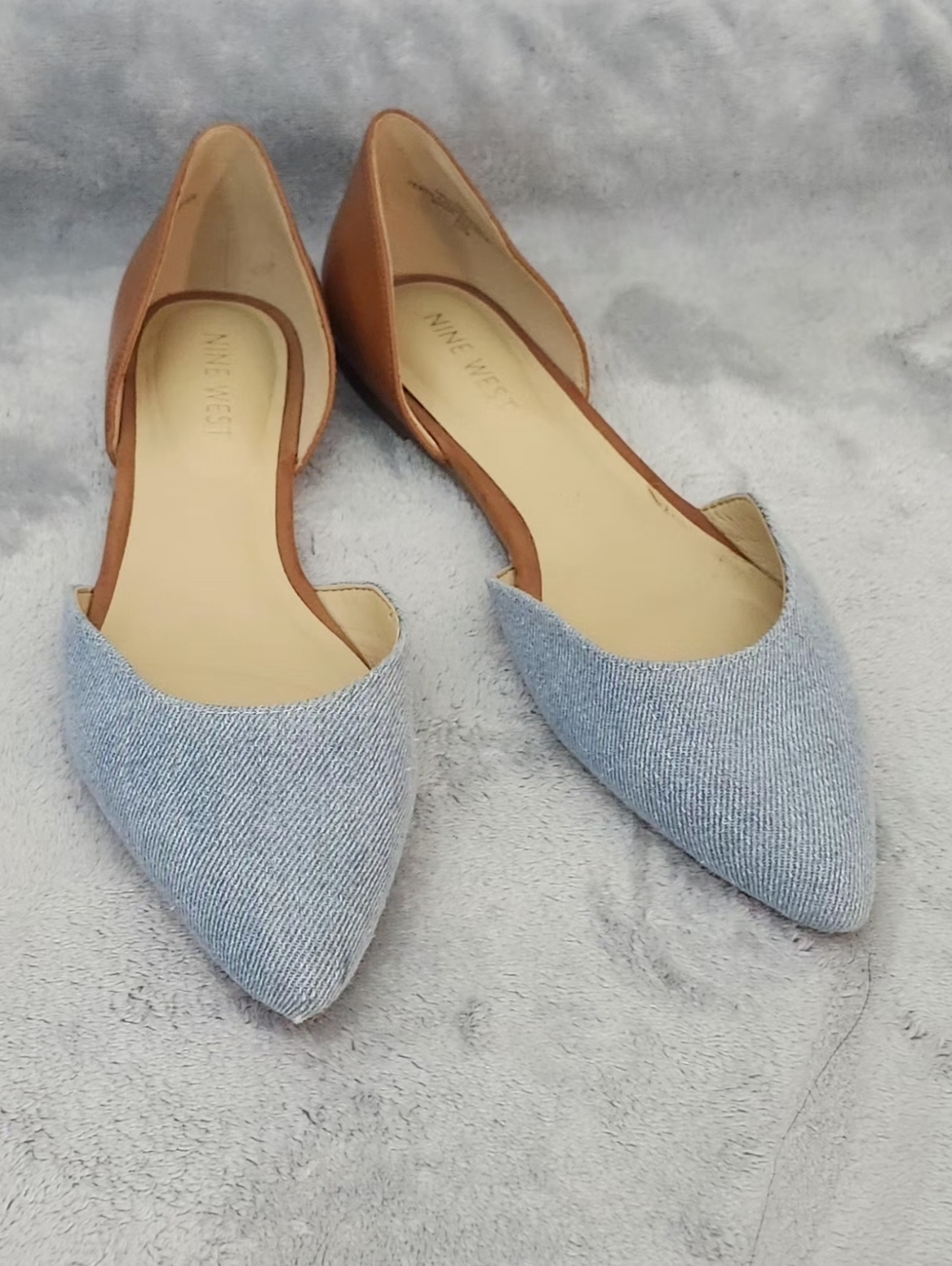 Nine West Light Blue Denim Pointed D'Orsay Flats with Tan Accents